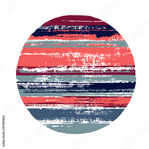Hipster circle vector geometric shape with stripes texture of paint horizontal lines. Planet concept with old paint texture. Label round shape circle logo element with grunge stripes background.