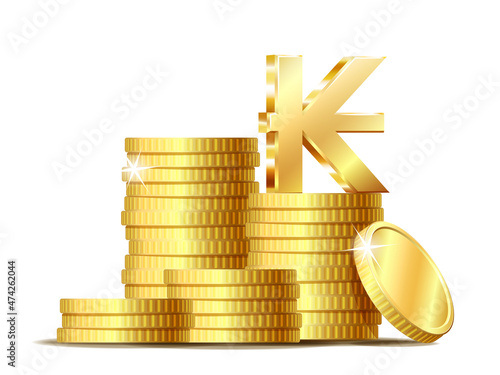 Stack of coins with Shiny golden Laos kip Sign currency symbol.