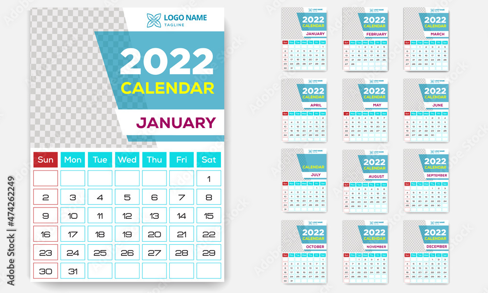 Calendar 2022, Monthly calendar for new year 2022 set of 12 Months, Week Starts On Sunday, Calendar 2022, Monthly calendar for new year 2022 set of 12 Months, Week Starts On Sunday,