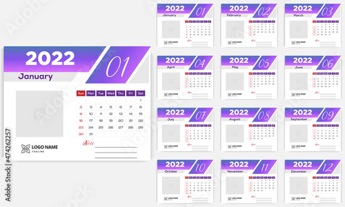 Calendar 2022, Monthly calendar for new year 2022 set of 12 Months, Week Starts On Sunday, 