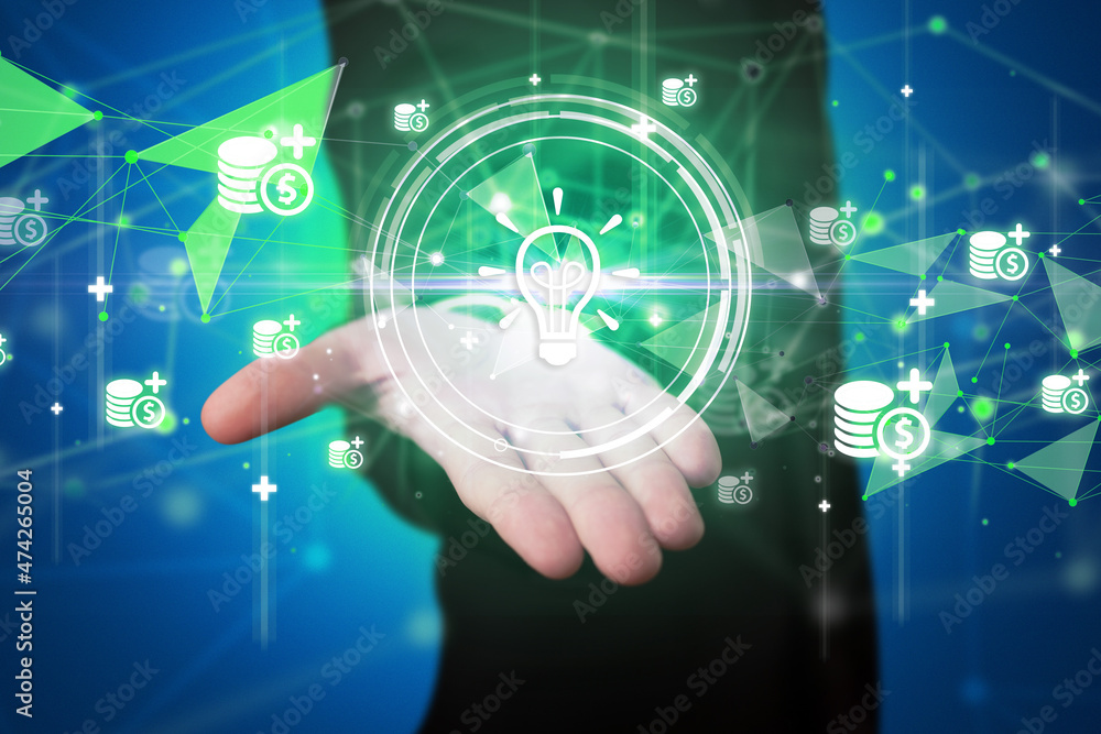 Fototapeta premium Businessman holdig business icons concept