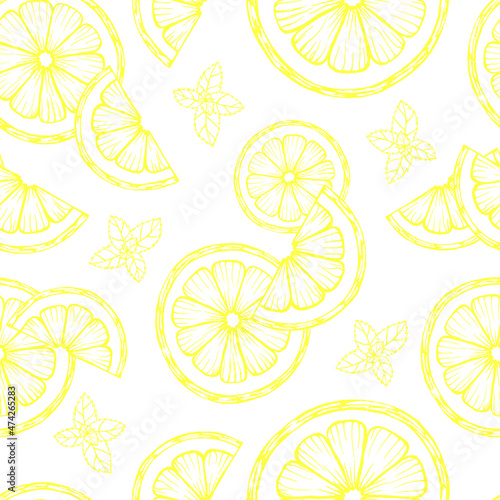hand drawn seamless pattern contour of lemon slices and mint leaves
