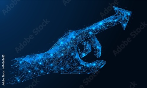 The finger of the hand in the form of a direction arrow. Polygonal design of interconnected lines and points. Blue background.