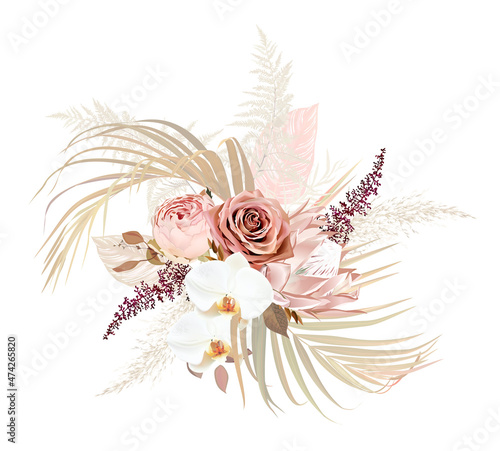Trendy dried palm leaves, blush pink rose, pale protea vector design wedding bouquet