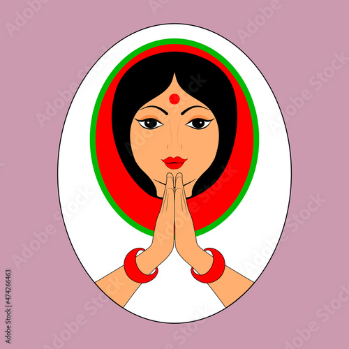 Vector design of woman of India welcoming gesture in Indian art style