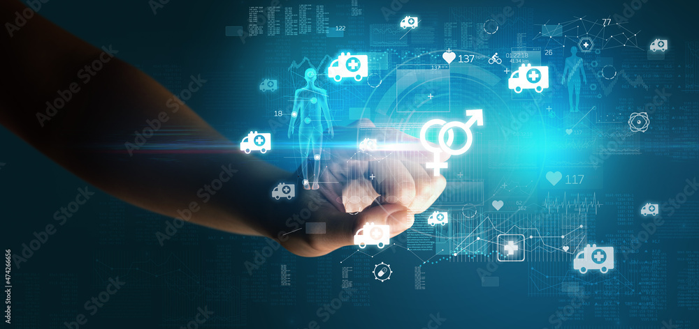 Doctor hand pressing futuristic health device with medical symbol on screen Doctor hand pressing futuristic health device with medical symbol on screen