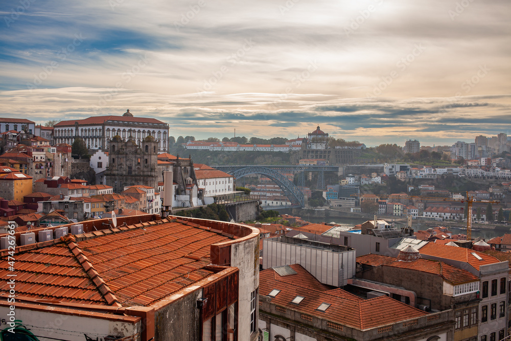 Porto, Portugal. cityscape image of Porto, Portugal with the famous Luis I Bridge and the Douro River/