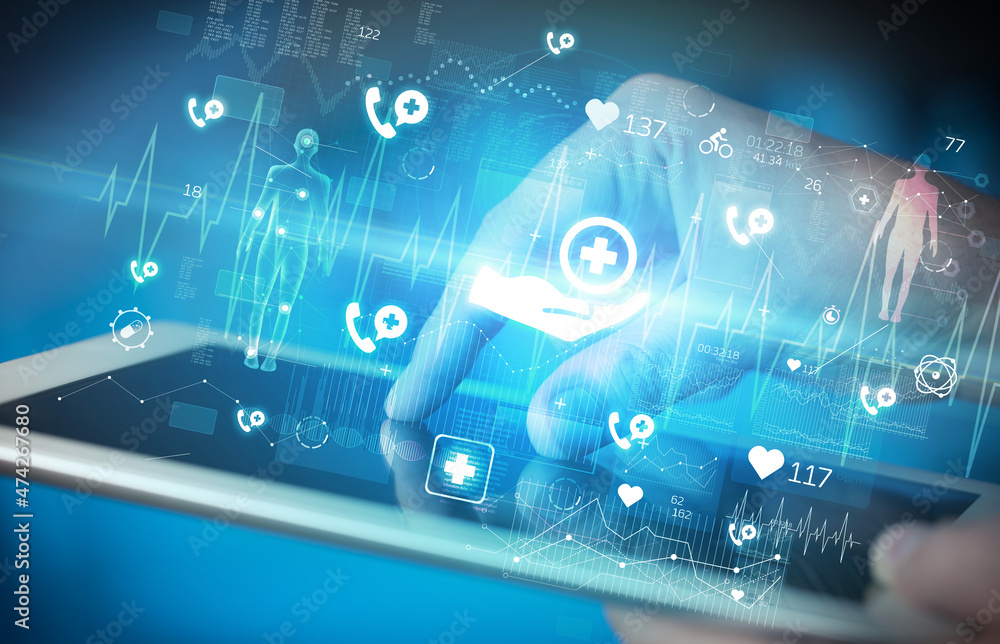 Close-up of a touchscreen with healthcare icons Close-up of a touchscreen with healthcare icons