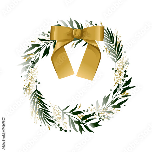 New Year's wreath with a gold bow. Christmas decor. Green leaves and branches, round frame. Design element for greeting card.