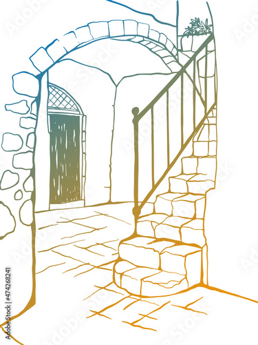Ancient staircase in the monastery. Colourful vector illustration in hand drawn style. Jerusalem, Israel. Urban landscape sketch. Line art. Ink drawing on white.