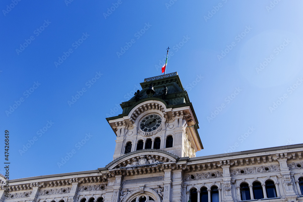 Tower of Trieste city hall - municipality in Trieste, Italy - low angle view