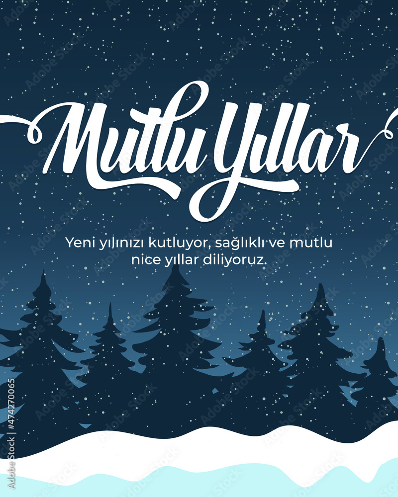 Snowy new year greeting card with wish message in Turkish (Türkçe Mutlu Yıllar)