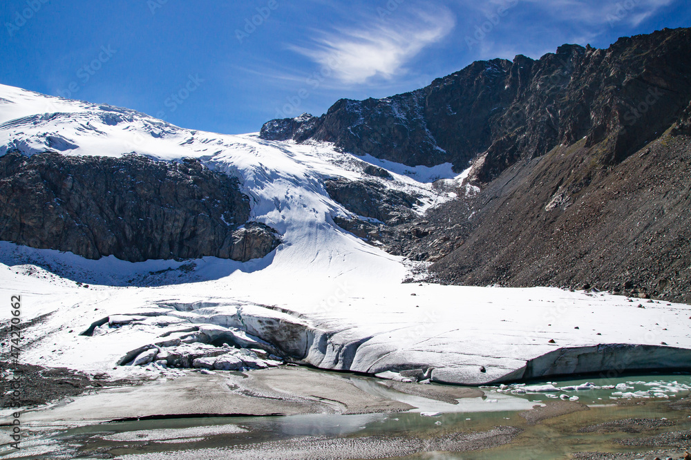 A small glacier in the high mountains, melted by climate change.