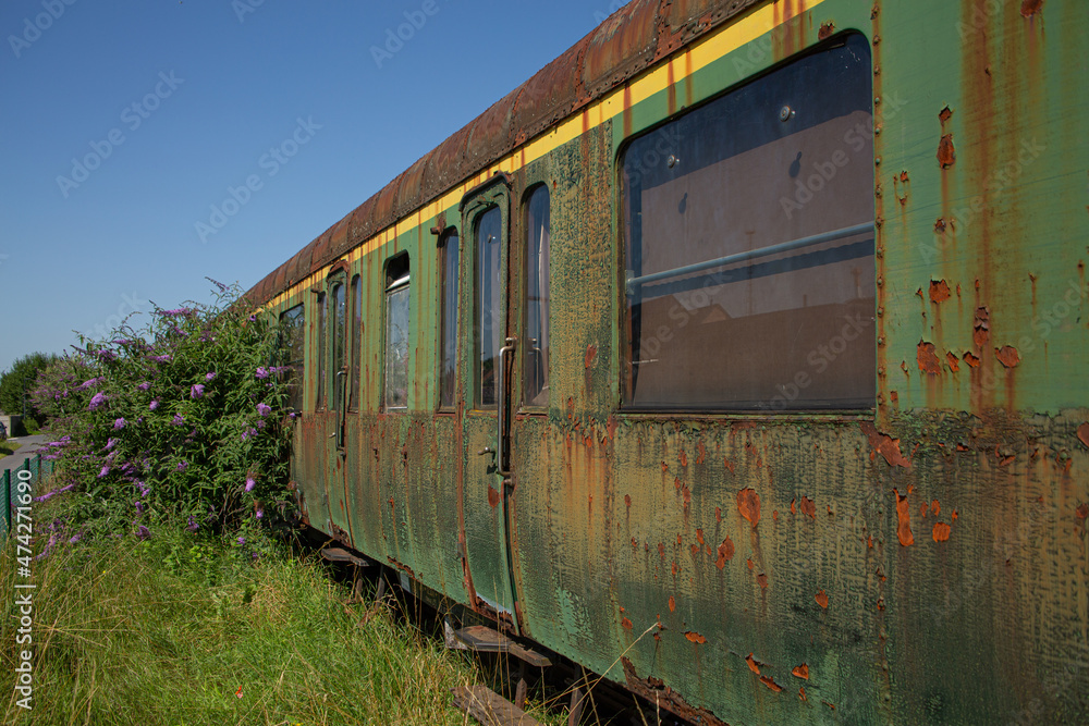 Obraz premium Rusty old train carriage in the grass