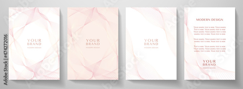 Contemporary technology cover design set. White background with pink line pattern (guilloche curves). Premium vector tech backdrop for formal  business layout, digital certificate, brochure template