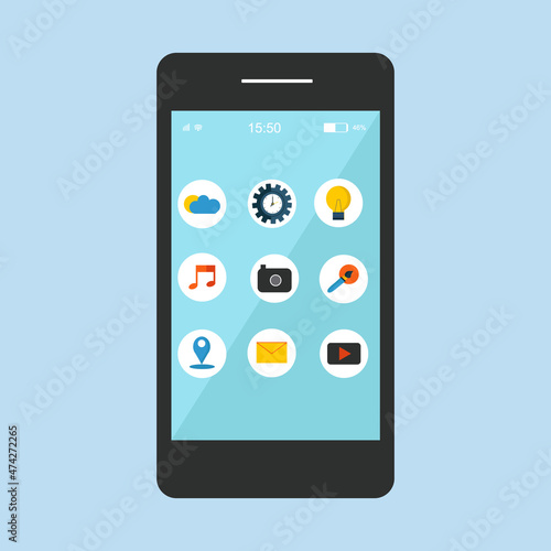A black smartphone with application icons for website design