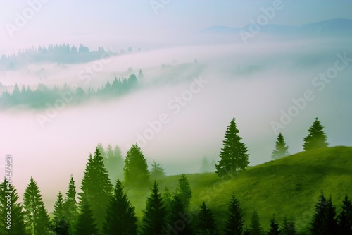 Fototapeta Naklejka Na Ścianę i Meble -  foggy summer sunrise landscape, breathtaking morning dawn in Carpathian mountains, meadow, beech forest and hills, scenic nature image, Europe, Ukraine, discover wonderful world