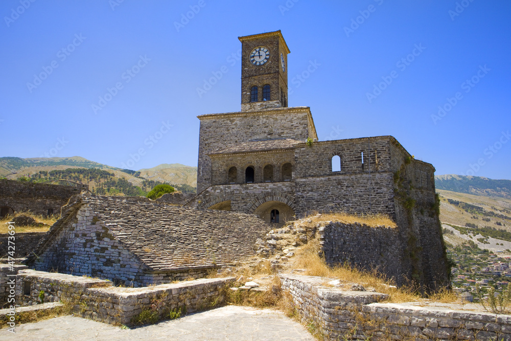 Clock tower in the citadel fortress in Gjirokastra, Albania