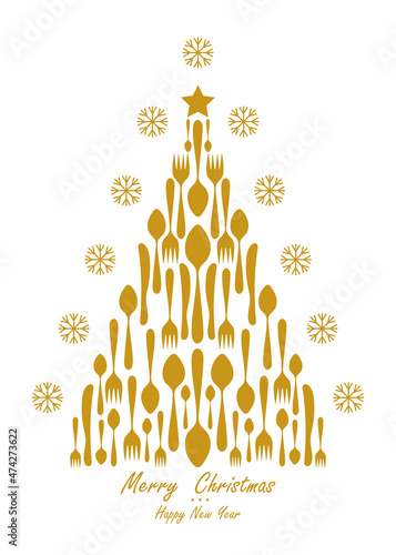 Christmas tree, menu design. Greeting card of cutlery utensils. Vector illustration Merry Christmas