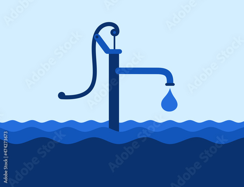 Water well in the ocean and sea. Pipeline is surrounded by waves. Droplet is dropping from the pipe. Vector illustration.