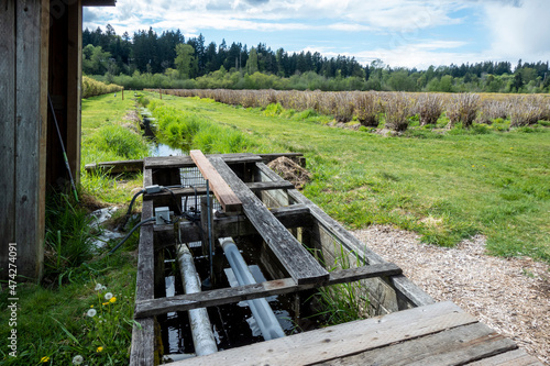 View of a farmer's irrigation water shed on a large patch of farmland in the Pacific Northwest on a bright, sunny day