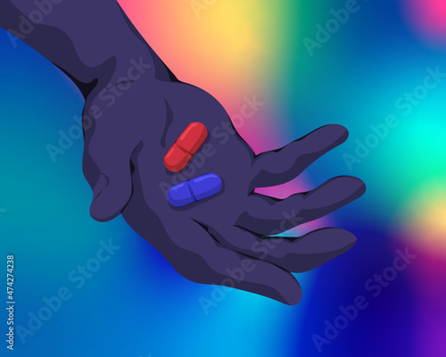 Hand holding red and blue pill