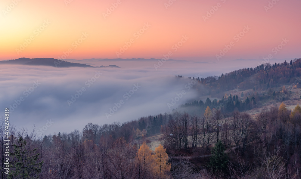Misty autumn mountains landscape in the morning, Poland, Beskidy mountains seen from Koziarz peak.