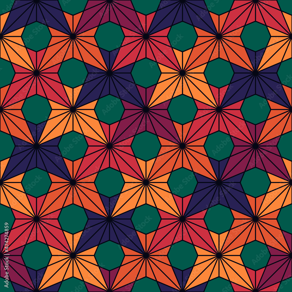 Seamless surface pattern. Bright maple leaves. Repeated triangles, octagons, orchid flowers. Floral abstract background. Traditional japanese asanoha motif. Colorful digital paper. Textile print. Seamless surface pattern. Bright maple leaves. Repeated triangles, octagons, orchid flowers. Floral abstract background. Traditional japanese asanoha motif. Colorful digital paper. Textile print.