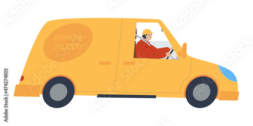 A man driving a pickup truck - auto delivery service. Express transportation. Transfer. Flat vector illustration