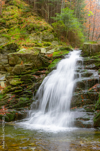 Waterfall in Obidza  late autumn  Beskid Sadecki mountain range in Carpathian Mountains  Poland.