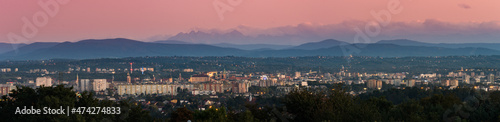 Evening distant Krakow panorama with Tatra mountains in the background