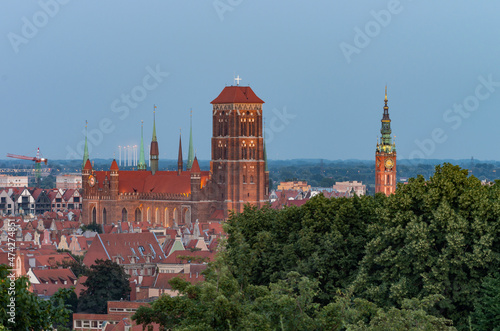 Gdansk, Poland, evening view of the historical city center with St Mary's church