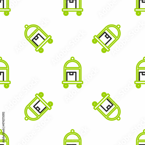 Line Hotel luggage cart with suitcase icon isolated seamless pattern on white background. Traveling baggage sign. Travel luggage icon. Vector