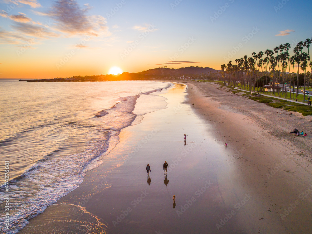 aerial of East Beach at sunset, Santa Barbara, California - obrazy, fototapety, plakaty 