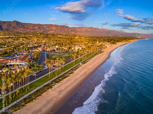 aerial of East Beach at sunset, Santa Barbara, California