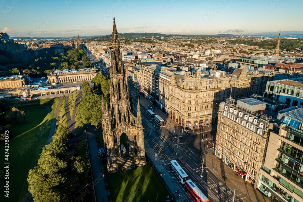 Aerial View of Edinburgh, the sun sets over the city of Edinburgh, the breath-taking architecture of this capital city making it a popular tourist destination