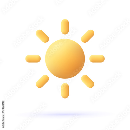 Yellow sun with rays, sun star. 3d vector icon. Cartoon minimal style. Summer, weather, nature, space concept.