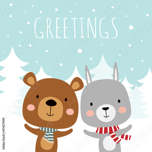 winter vector illustration with cartoon cute animals