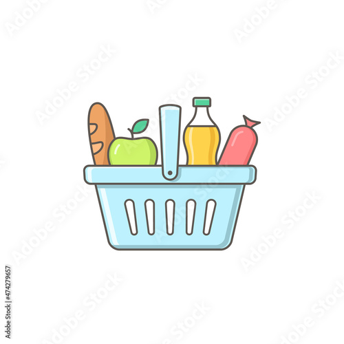 Basket with food color icon, grocery shopping, sticker, vector isolated flat design