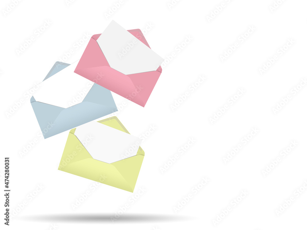 Drei bunte Briefumschläge vor weißem Hintergrund, 3D-Illustration Drei bunte Briefumschläge vor weißem Hintergrund, 3D-Illustration
