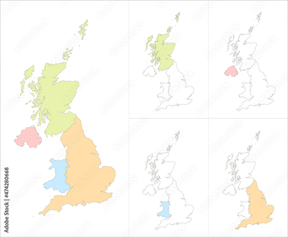 Map of United Kingdom, administrative divisions, regions separate, blank