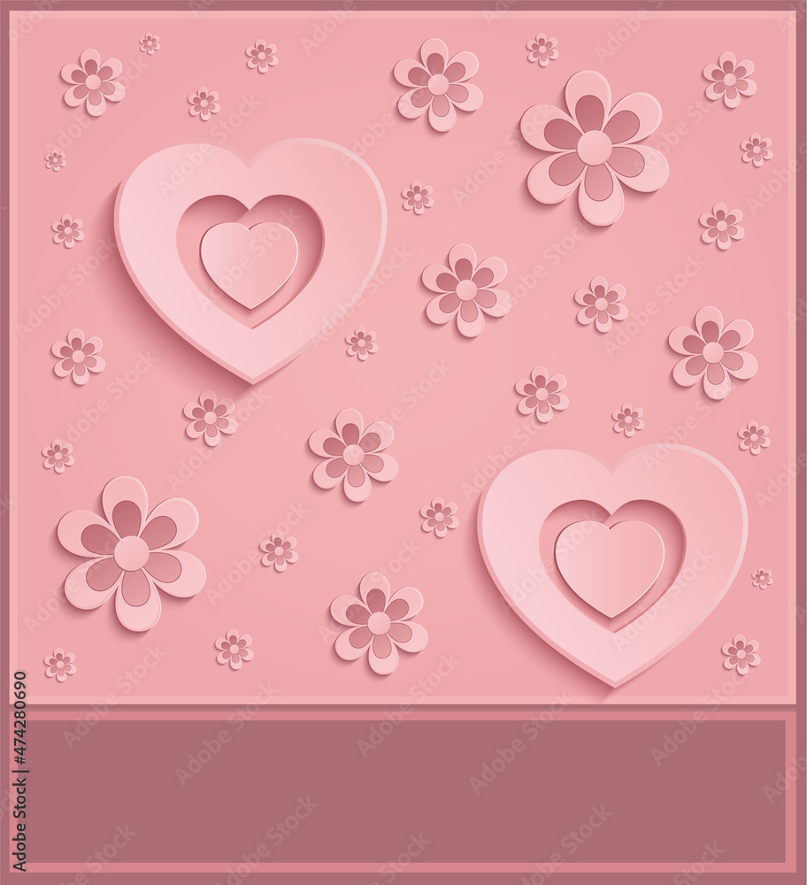 Pink heart, greeting card, flower background, blank