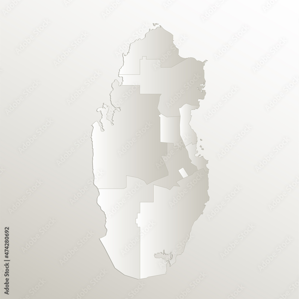 Qatar map, administrative division, separates regions and names individual, card paper 3D natural, blank