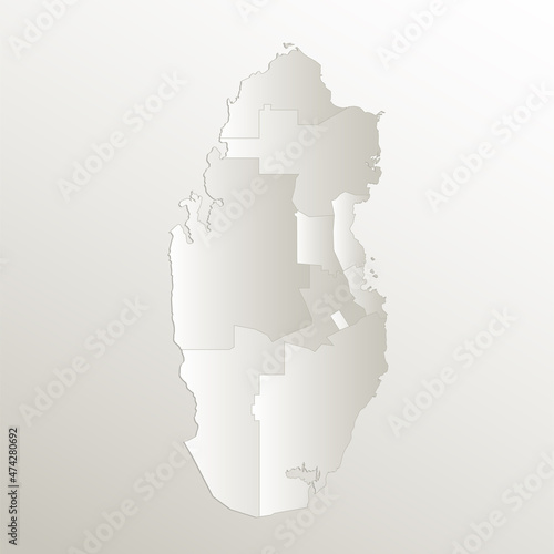 Qatar map, administrative division, separates regions and names individual, card paper 3D natural, blank