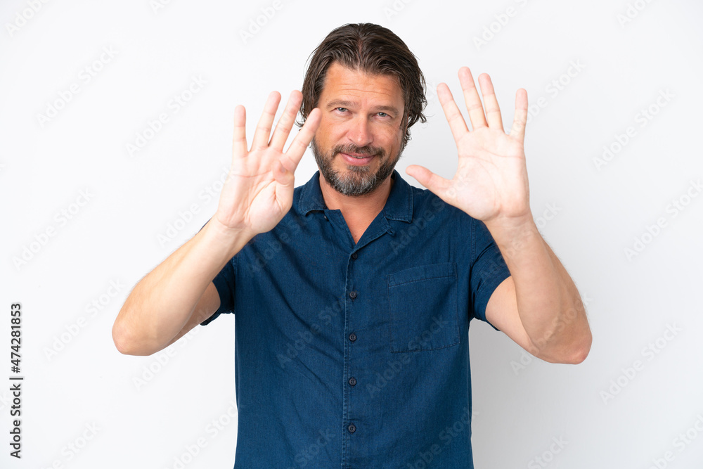 Senior dutch man isolated on white background counting nine with fingers Senior dutch man isolated on white background counting nine with fingers