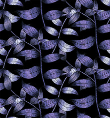 Crédence de cuisine Pantone 2022 very peri Seamless hand drawn very peri leaves pattern, line art vector, black background  © designermetin