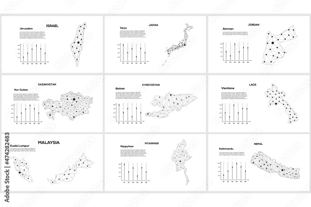 Set line maps. Israel, Japan, Jordan, Kazakhstan, Kyrgyzstan, Laos, Malaysia, Myanmar, Nepal. Lines and dots