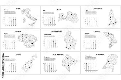 Set line maps. Italia, Latvia, Liechtensnein, Lithuania, Luxesembourg, Moldova, Monaco, Montenegro, Netherlands.