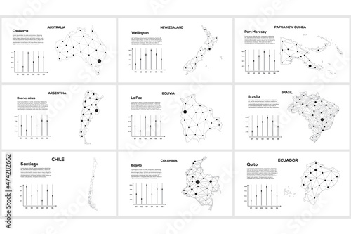 Set line maps. Australia, New Zealand, Papua New Guinea, Argentina, Bolivia, Brasil, Chile, Colombia, Ecuador.