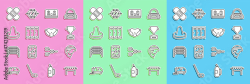 Set line Hockey table, helmet, Award cup, mechanical scoreboard, Locker changing room, Mallet for playing air hockey, Crossed bandage plaster and Protective sport jockstrap icon. Vector